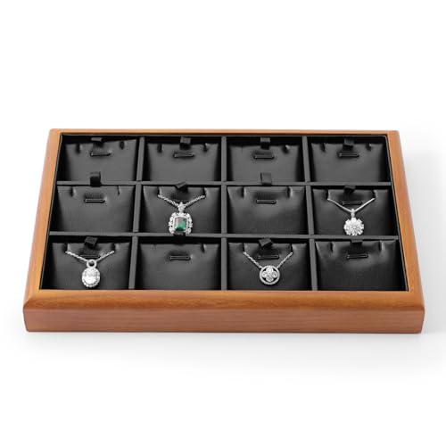 Solid Wood 12 Grid Stackable Jewelry Necklace Pendant Display Tray | Sturdy solid wood & scratch-proof PU leather lining, 12-grid tray with inserts for home drawer & retail necklace display - color: Black, size: Necklace Tray