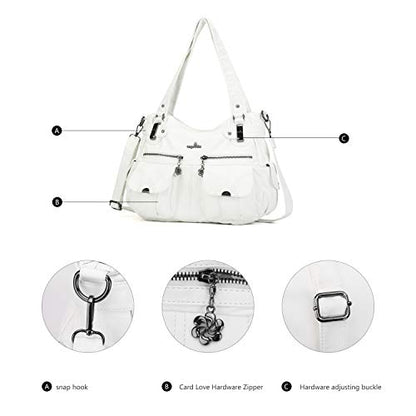 Angel Kiss Women's Designer Handbag Large Double Zipper Multi Pocket Washed Leather Purse - color: 1-white