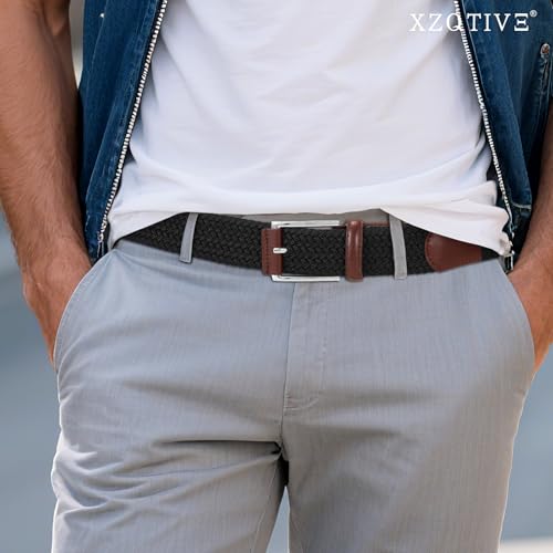 XZQTIVE Braided Stretch Belt Mens Gift Elastic Woven Belt for Golf Casual Pants Shirts Jeans - color: Black With Coffee Leather, size: Fit Waist 38-43in
