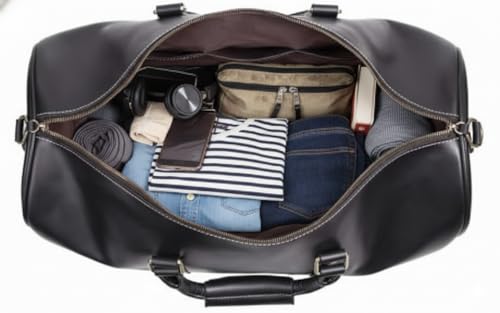 Large Duffel Luggage leather Travel Bag Duffel bag Gym Bag Airplane cabin Approved Carry On Overnight Leather Weekender Mens Duffle Bag For Men and Women 22 Inch (Black)