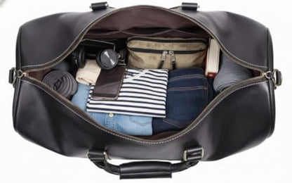 Large Duffel Luggage leather Travel Bag Duffel bag Gym Bag Airplane cabin Approved Carry On Overnight Leather Weekender Mens Duffle Bag For Men and Women 22 Inch (Black)