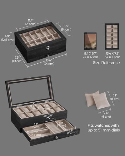 SONGMICS 12-Slot Watch Box, 2-Tier Watch Display Case with Large Glass Lid, Removable Pillows, Velvet Lining, Jewelry Box, Gift Idea, Ebony Black UJOW012B01 - color: Ebony Black, size: 2 Layer 12 Slot