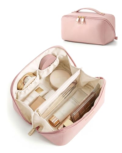 BAGSMART Makeup Bag Travel Cosmetic Bag,Women Toiletry Case, Brushes, Pink | Make Up Bag Flat Open Toiletry Bag for Women, PU Leather Travel Essentials Wide-open Skincare,Brushes Organizer Case Large - color: 03- Pink
