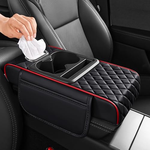 5 in 1 Nappa Leather Console Armrest Cover, Black Red Stitch | Built-in cup holder, tissue slot, phone holder & 2 storage pockets, practical car accessories fit SUV sedan truck - color: Black with Red Stitching