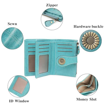 SENDEFN Small Womens Wallet Leather Bifold Card Holder RFID Blocking with Zipper Coin Pocket - color: 1-Wax-Blue-3