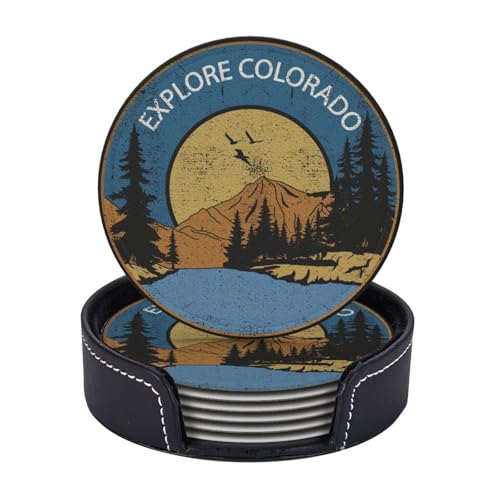 Colorado Lake Leather Drinks Coasters with Holder, Set of 6 | Suitable For Various Cups - color: Colorado Lake