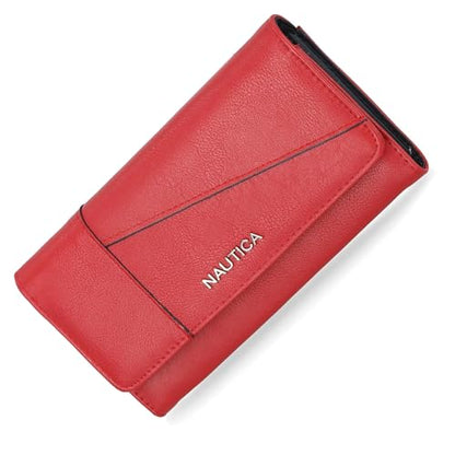 Nautica Money Manager Womens Slim RFID Blocking Wallet, Small Bifold Credit Card Holder with Zipper Coin Pocket and ID Window - color: Fuego Red (Buff)