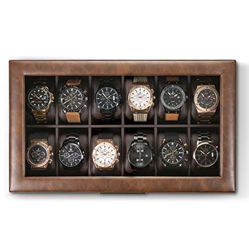 Glenor Co Watch Box for Men - 12 Slot Luxurious & Masculine Watch Case, Sturdy Hinges, Large Watch Holder, Glass Top Watch Organizer for Men - Metal Accents - PU Leather Brown - color: Brown, size: 12 Slot