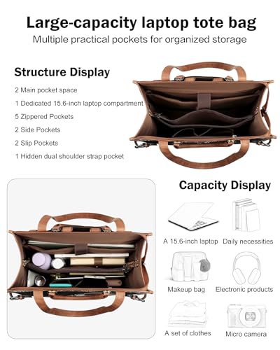 Laptop Bag for Women Designer PU Leather, 15.6inch | Large Tote Bags Backpack Purses with 15.6 Laptop Compartment Shoulder Handbag, for Office, Business, Travel, Daily Use - color: Retro Black With Brown
