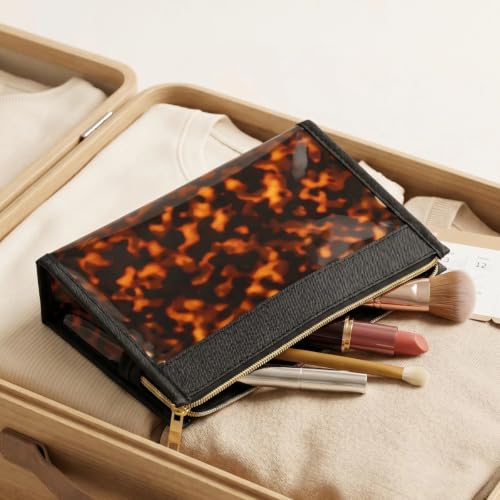 ORBENTO Tortoise Print Makeup Bag with Gold Zipper | Water-Resistant Small Cosmetic Pouch, Travel Toiletry Organizer, Faux Leather Trim, Easy To Clean, Lightweight