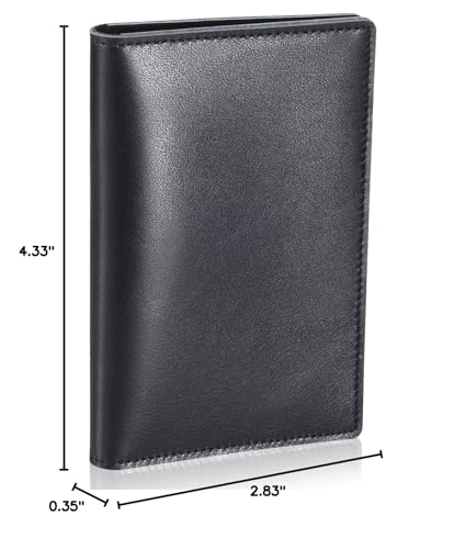 HISCOW Men's Slim Full Grain Leather Business Card Holder, Black | Minimalist unlined raw edge, ultra-thin profile, bifold front pocket wallet, holds folded cash, premium gift box - color: Black, Dark Blue logo