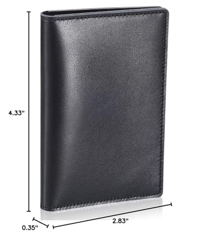 HISCOW Men's Slim Full Grain Leather Business Card Holder, Black | Minimalist unlined raw edge, ultra-thin profile, bifold front pocket wallet, holds folded cash, premium gift box - color: Black, Dark Blue logo