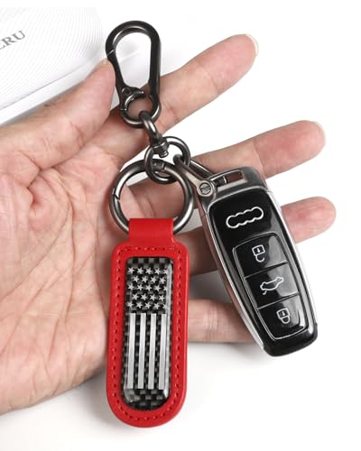 muekzru American Flag Keychain, Leather Carbon Fiber Multifunctional Keychain, Universal Fashion Keychain - color: Red