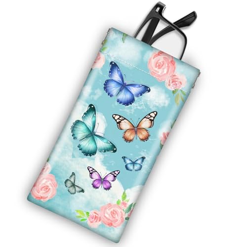Soft Glasses Case for Sunglasses Eyeglass Slim Pouch | 7x3.5 inches, Portable PU Leather, Squeeze Top, Sunglasses Holder Bag Pouch, For Women Men - color: Butterfly