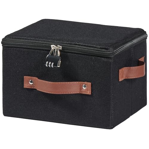 Lockable Storage Bins Box with Zipper Lid Combination Lock | Cotton Linen Fabric Lidded Baskets, Foldable Washable Closet Shelf Organizer Container, w/ PU Leather Handles, Black, Small - color: Black, size: Small ( Set of 1 )