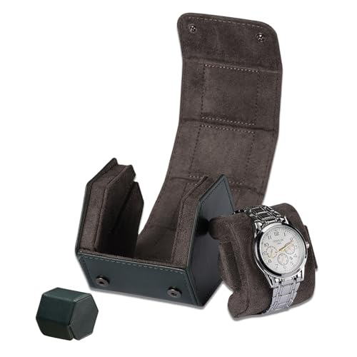 Single Watch Case, Travel Organizer for Men Women | Hexagonal PU leather case with velvet lining and snap closure, lightweight for travel.Fits All Up to 46mm(green) - color: green, size: 1-slots
