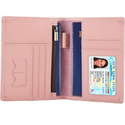 STAR VISTA Phoenix Leather Passport Holder, Calfskin Travel Wallet - RFID Blocking, ID Window, Zipper Pocket, Pen & Notebook Included, Pale Pink - color: Pink B