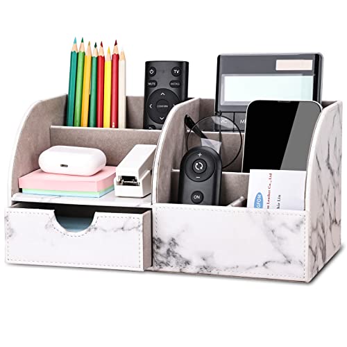 KINGFOM Pu Leather Desk Organizer Pen Pencil Holder Office Supplies Caddy Storage Box 6 Compartments with Drawer Gray Marble - color: Half Pu-gray Marble