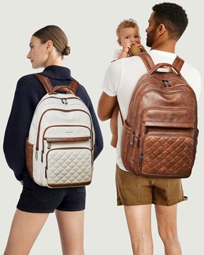 Bluome Work Backpack for Women Men, Laptop Vegan Leather Backpack Purse with 15.6–17 Inch Laptop, Multi-Pocket Bookbag for Office Travel Gym Weekend Overnight Bag, Beige - color: Beige