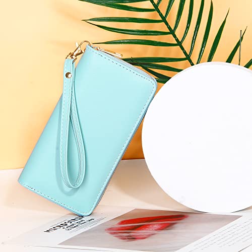VOCUS Womens Wristlet Wallet Zip Around Clutch Wallet Large RFID Blocking PU Leather Bifold with Phone Holder for Travel - color: Solid Blue
