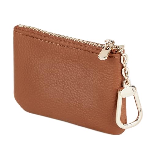 Full Grain Leather Coin Purse with Key Chain - Small Change Purse Keychain Card Holder Keychain Pouch Small Keychain Wallet for Women and Men (Brown) - color: Brown, Regular Size