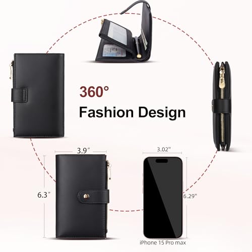 yiijay Wallet Women RFID Blocking Leather Trifold Clutch Wallet Credit Card Holder Ladies Travel Wallet Purse with Passport/Pen Holder - color: 1Black