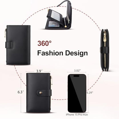 yiijay Wallet Women RFID Blocking Leather Trifold Clutch Wallet Credit Card Holder Ladies Travel Wallet Purse with Passport/Pen Holder - color: 1Black