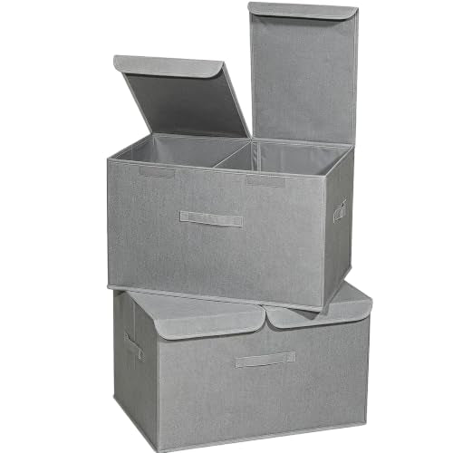 2 Pack Large Storage Boxes with Lids and Handles, Collapsible Linen Storage Bins Organizer Containers Baskets Cube with Removable Divider for Home Bedroom Closet Office (Grey, XL) - color: Grey, size: XL