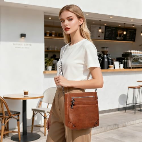 TANTOMI Crossbody Bag for Women PU Leather Travel Purse | Trendy Women's Shoulder Handbags, Comfort Adjustable Wide Strap, Water-Resistant, Multi Pockets for Daily Use & Travel - color: Brown