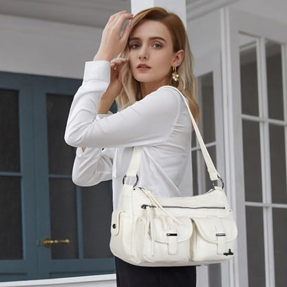 Angel Kiss Hobo Purses for Women Crossbody Shoulder Bag Ladies Multi Pocket Handbags with Adjustable Shoulder Strap | Soft Vegan Leather - color: White