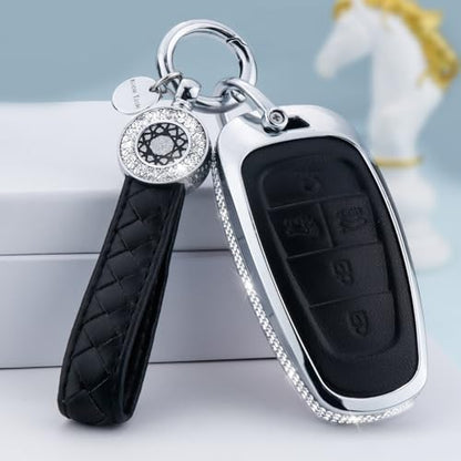 for Hyundai Key Fob Cover with Keychain, Black Genuine Leather Crystal Key Case Protection Shell Compatible with 2019 2020 2021 2022 Sonata Tucsonn, 5 Buttons - size: Fit for Hyunda C (5 buttons)