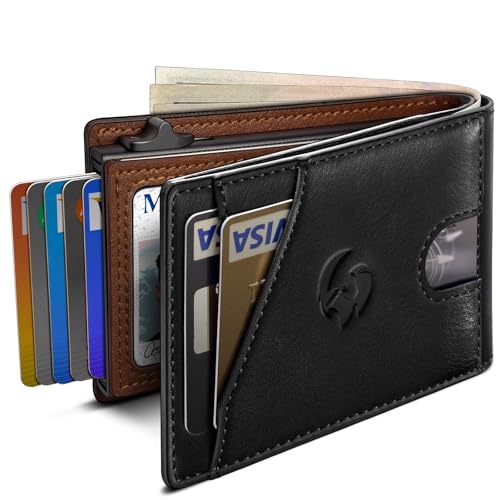 Wallet for Men, Slim Pop Up Card Holder with RFID Blocking, Minimalist Bifold Wallet with 9 Card Slots, ID Window and Cash Pocket, Metal Flip Case with Magnetic Closure, Gift Box - color: Black / Coffee Brown168