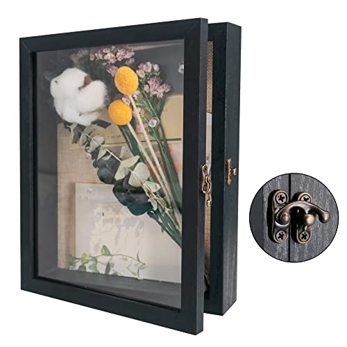 Small Shadow Box Frame 8x10 Display Case, Black Wedding Bouquet Memory Box | Hinged Front Open Door with Tempered Glass, Linen Back with Pins for Pictures Keepsake, Interior Depth 1.5 inches for Flowers - color: Rustic Black, size: 8"x10" (20x25 cm)
