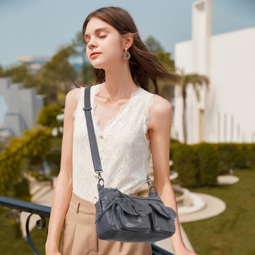 Angel Kiss Hobo Purses for Women Crossbody Shoulder Bag Ladies Multi Pocket Handbags with Adjustable Shoulder Strap | Soft Vegan Leather - color: Grey
