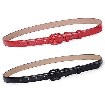 WHIPPY Women Skinny Leather Belt Thin Waist Jeans Belt for Pants in Pin Buckle Belt - color: Black+red, size: Suit Pants 24"-29"