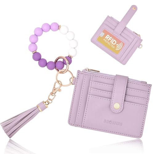 BAOSIWA Silicone Bracelet Keychain Wallet for Women Wristlet Card Holder Slim RFID Wallet with Zipper Pocket - color: Purple