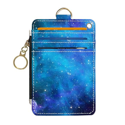 Slim Wallet Credit Card Holder, Blue Starry Sky, RFID Wallet Women Cute Small Front Pocket Wallet With Zipper, PU Leather Thin travel RFID Blocking Card Case ID Window,Ladies Gifts - color: Blue Starry Sky