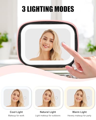 Relavel Mini Travel Makeup Bag with Led Mirror for Women, Pink L | Initial Cosmetic Bag with 3 Lights, Adjustable Brightness, Personalized Travel Toiletry Bag, Preppy Make Up Pouch for Trip - color: Pink, style: L