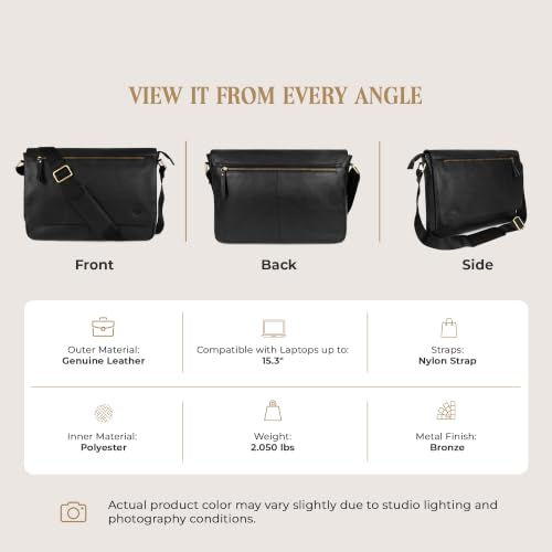 Leather Messenger Bag for Men & Women, Over the Shoulder Bag for Women Crossbody & Mens Briefcase Office Bag - color: Opulent Black