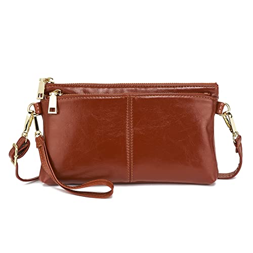 ZOOEASS Triple Zip Small Crossbody Bag Lightweight Purses Vegan Leather Wristlet Clutch, Includes Adjustable Shoulder - color: 1waxed Brown