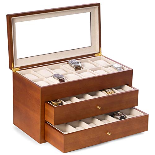 Bey-Berk Duke Cherry Wood Watch Box – 36 Slot Organizer with Glass Top, 2 Drawers & Velour Lining for Storage - color: Brown