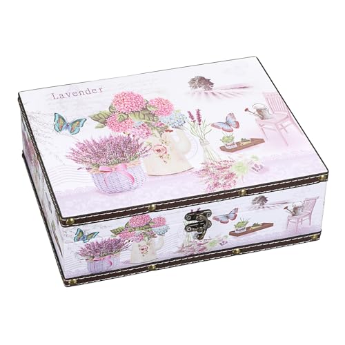 ELLDOO Wooden Treasure Chest Box, Wooden + PU Leather Storage Decorative Box for Jewelry Trinkets Photos, Vintage Rectangular Keepsakes Box for Girls Women Gifts - color: Lavender Pattern