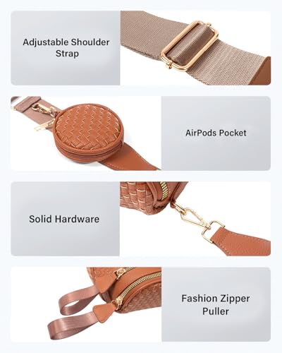 Valentoria Large Woven Leather Crossbody Bags for Women Checkered Bum Bag Sling Bag Purse Adjustable Strap Detachable Wallet | Woven - color: Brown Checkered