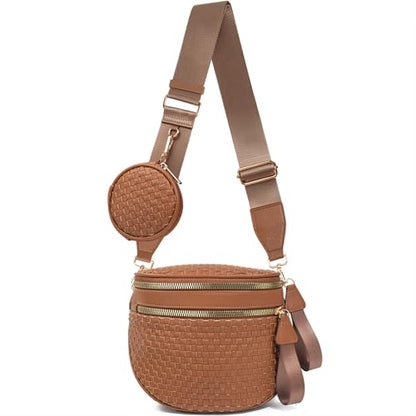 Valentoria Large Woven Leather Crossbody Bags for Women Checkered Bum Bag Sling Bag Purse Adjustable Strap Detachable Wallet | Woven - color: Brown Checkered
