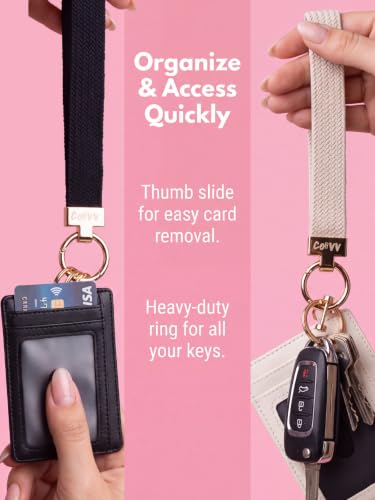Keychain Wristlet Card Wallet, Genuine Leather RFID Holder, 8 Slots | Elastic Strap Keeps ID, Cash, Keys, and Cards Ready for Work, School, Travel, Theme Parks, and Daily Errands - color: Black