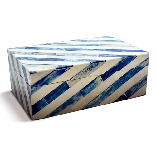 Perilla Home Home Decor Decorative Storage Wooden Box Small Lazio Organizer Tool Stash Card Craft Treasure Trinket Memory Keepsake Jewelry Box for Men and Women, Gifts For All, Blue and Off White - color: Blue & White