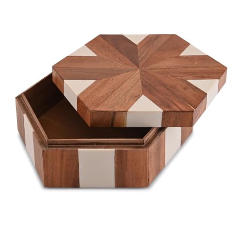 Perilla Home Hexagon Wooden Box, Brown and White, Wood and Resin, 9.54x8.07x3.15 Inch, Decorative - color: Brown and White