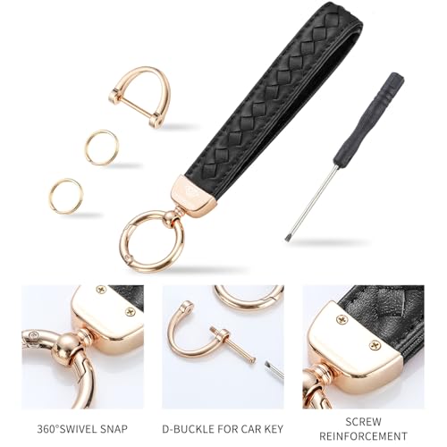 Hamdecro Genuine Leather Car Keychain, Handmade Knit Sheepskin Key chains for Women, Universal Key Fob Holder with 360 Degree Rotatable, Anti-Lost D-Ring, 2 Keyrings and 1 Screwdriver, Black - color: Wristlet, Black