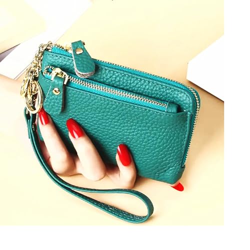 Women Genuine Real Leather Coin Purse with Hand Strap. 3 Zipper Small Wallet Wristlet with 3 credit cards slots Holder - Aquamarine - color: #17 Aquamarine