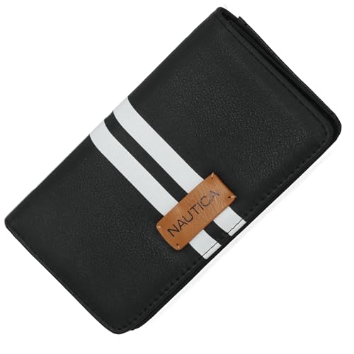 Nautica Seaside Slim Womens Wallet RFID Blocking Credit Card Holder, Coin Purse, Checkbook Organizer Clutch, Small Vegan Leather Wallet for Travel, Black Racing Stripe - color: Black Racing Stripe